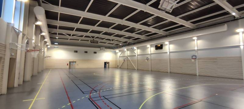 Basket muraux avec panneau polyester et cercle renforcé monté sur vérin pour réglage de la hauteur 