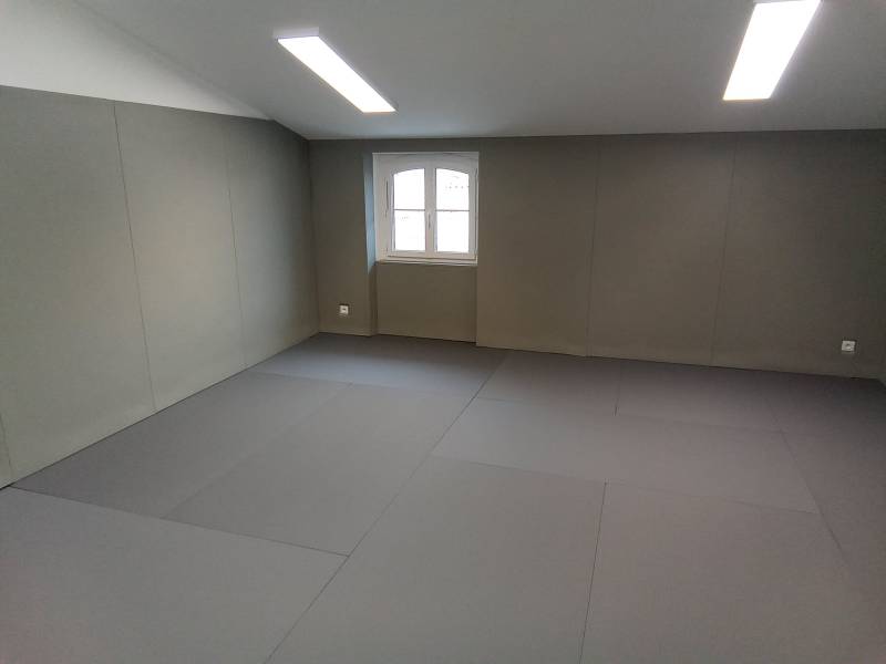 Une vue d'ensemble d'une salle ou le tatami vinyle est uni