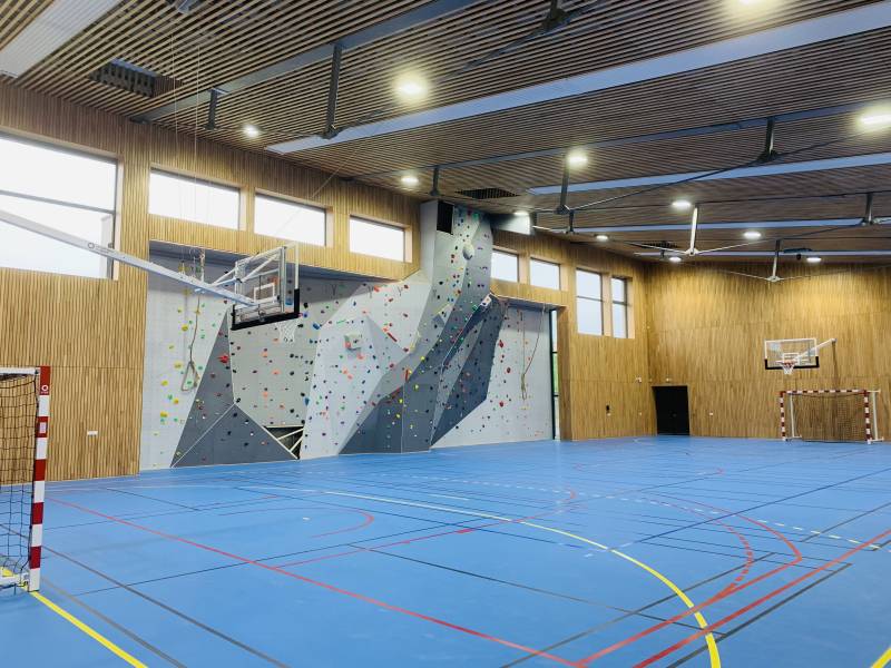 Vue d'ensemble avec paniers, but de hand et mur d'escalade 